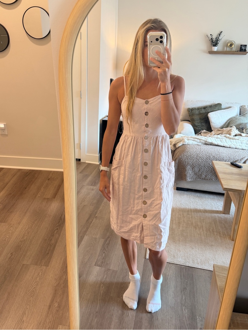 BeBop Pale Pink Button-Front Midi Dress